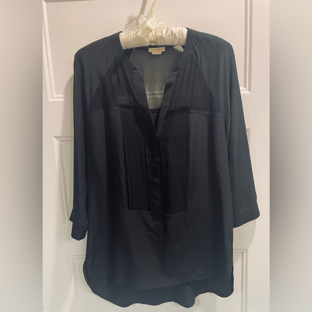 Anthropologie a. moss Black silk tuxedo Pintuck Blouse